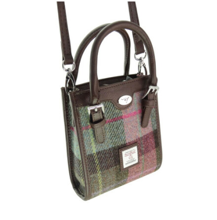 Mini Tote Bag &quot;Keltie&quot; i Harris Tweed - Muted Green &amp; Rose Pink Tartan