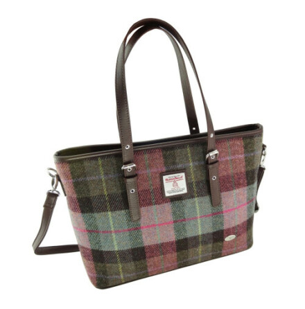 Tote Bag &quot;Spey&quot; i Harris Tweed - Muted Green &amp; Rose Pink Tartan
