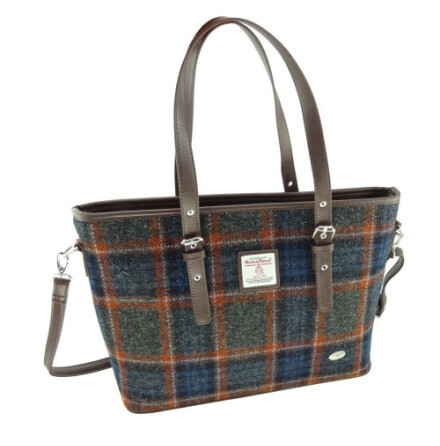 Tote Bag &quot;Spey&quot; i Harris Tweed - Grey with Rust Overcheck