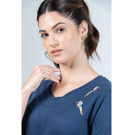 CHLOE - Lyxig t-shirt i linne med fasaner