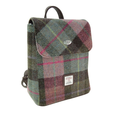 Miniryggs�ck "Tummel" i Harris Tweed - Muted Green &amp; Rose Pink Tartan