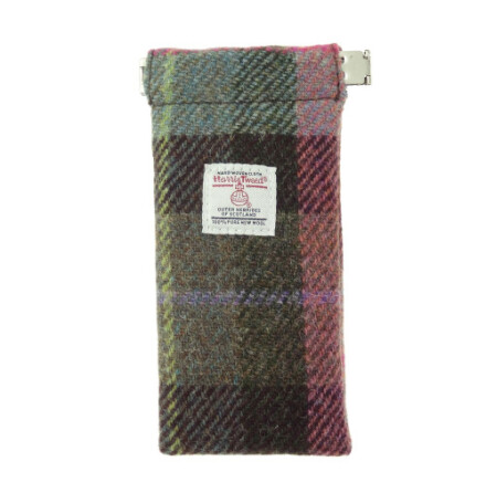 Glas�gonfodral i Harris Tweed - Muted Green &amp; Rose Pink Tartan