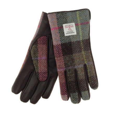 Skinnhandskar Harris Tweed, Dam - Muted Green &amp; Rose Pink Tartan